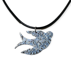 Handmade stamped floral silver sparrow adjustable black leather cord necklace‎